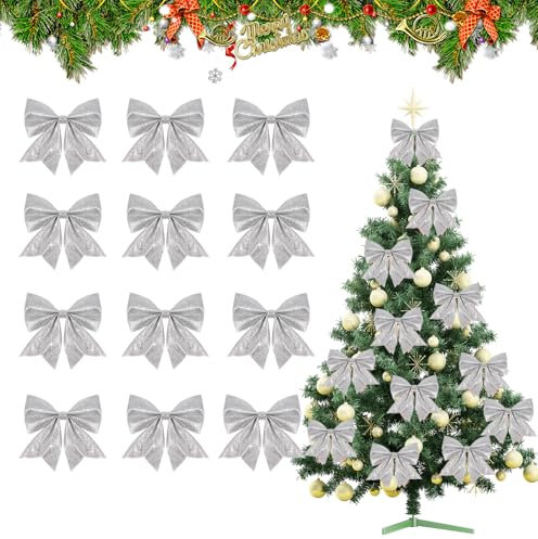 SULOLI 12 Stück Weihnachtsschleifen,Glitzer Weihnachten Bogen Dekorationen,Silber Weihnachtsbaum Bogen für Weihnachtsbaum Weihnachtskranz Tannenbaum Weihnachtsdeko