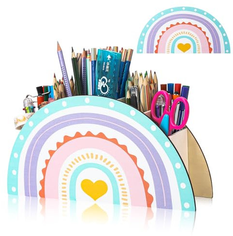 dusaniyali Stiftehalter Kinder Regenbogen Schreibtisch Organizer aus Holz - farbenfroh und bunt - 5 Fächer - Regenbogenfarben