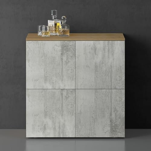 doporro Sideboard Kommode 76 cm in Kerneiche und Beton Aufbewahrungsschrank Bodenstehend für Ihren Wohnbereich Viel Stauraum Schrank 04