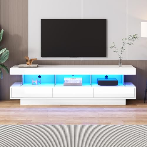 BTM Meuble TV Bois, Armoire TV Blanc avec LED, Banc TV avec 3 Compartiments Ouverts en Verre, pour Salon, Salle à Manger, Chambre, Capacité de Charge maximale de 40kg, 160x38x50.5cm