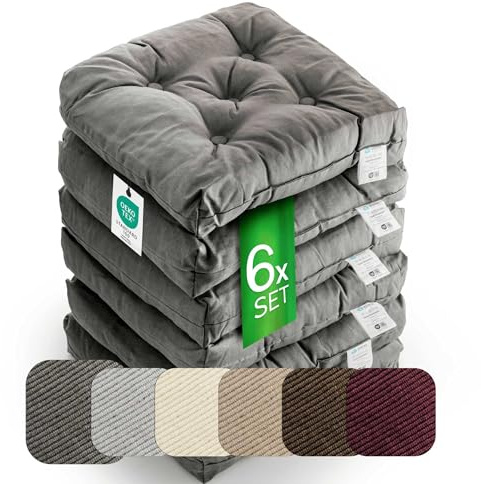 etérea Sitzkissen 42x42 cm 6er Set - Anthrazit 8 cm hoch - Bodenkissen für Indoor, Outdoor, Küche, Garten, Auflage - Heidi Stuhlauflage - 6 Stück Stuhlkissen 40x40 cm Anthrazit