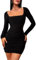 Navneet Women Square Neck Mini Dress Ruched Long Sleeve Bodycon Dress Party Dress Sexy Clubbing Outfits Going Out Black M
