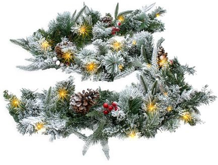 LED Tannengirlande mit Schnee und Beeren warm weiß beleuchtet - 183 cm mit 35 LED - Weihnachtsgirlande Batterie betrieben mit Timer - Deko Beleuchtung Kunst Tanne Girlande Weihnachten Advent Winter