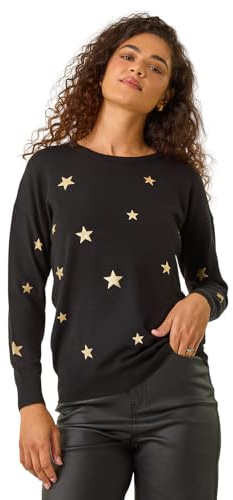 Roman Originals Women Sparkly Embellished Jumper Ladies Diamante Sequin Hotfix Winter Sweater NYE New Year's Eve Christmas Party Going Out Shiny Smart Work Pullover - Black & Gold - Size 16