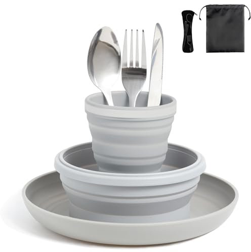 Lafuntar Ensemble de couverts pour 1 personne, assiette de camping, bol et bol de camping pliable et portable pour voyage et plein air.