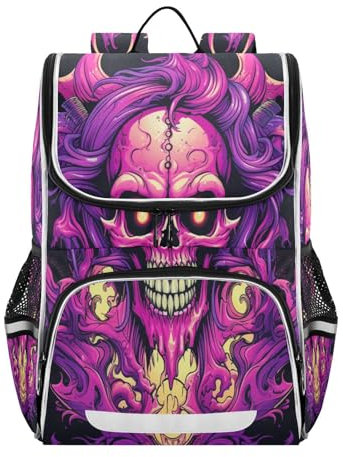 Totenkopf Rose Lila Feuer Büchertasche Schulrucksack für Studenten,Hohe Kapazität Kinderrucksäcke für Mädchen Jungen