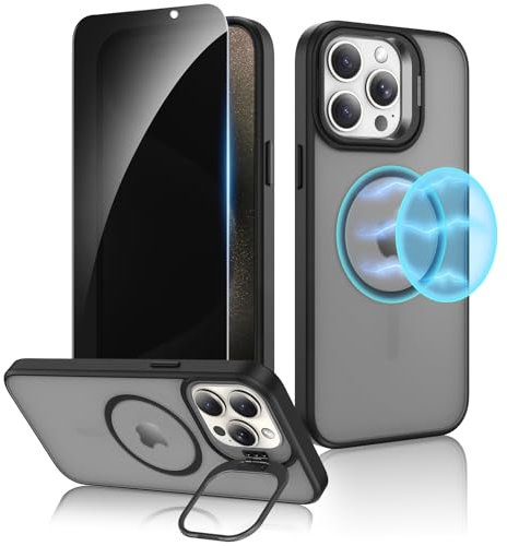 Ruky for iPhone 15 Pro Max Case with Stand and Privacy Screen Protector, [with Detachable Buttons] Compatible with MagSafe, Translucent Matte Magnetic Phone Cover, Black