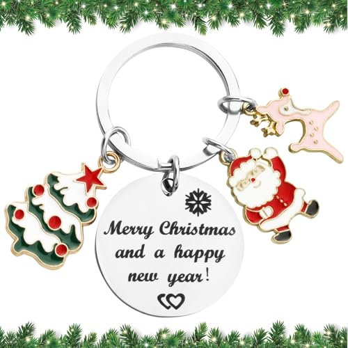Joyeux Noël Porte-clé Pendentif Porte Clef Suspendu forme Père Noël Sapin Renne Flocon de Neige Lettre Bonne Année en Acier Inoxydable avec Boîte Noir Décoration DIY Cadeau pour Fête Noël Nouvel An