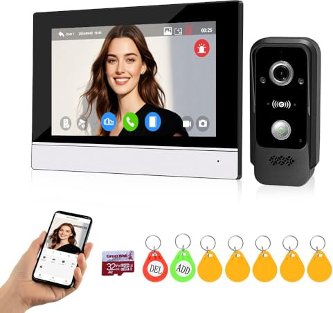 QttyElok Sistema de intercomunicación de video WiFi 1080P HD cámara de timbre de video con monitor de 7 pulgadas con cable pantalla a color para el hogar, compatible con visión nocturna por
