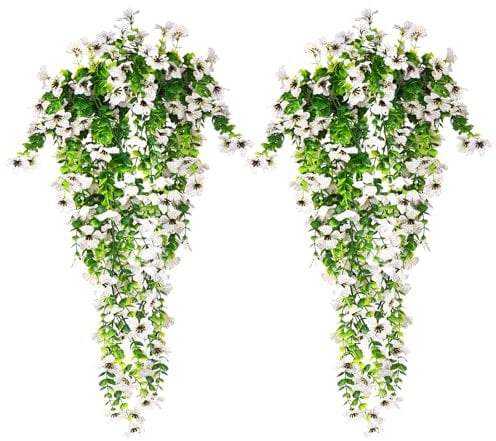 HBell 4Pcs Artificial Hanging Flowers,UV-Resistant Fake Hanging Plants Flower Bouquet Hang Vine Plants Drooping Plant for Wall Home Garden Yard Patio Wedding Indoor Outdoor Decoration (White)