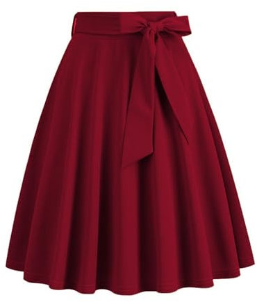 biJerou Minirock Sexy Leicht Damen Knielang Elegant Vintage A Linie Swing Faltenrock Mit Gürtel - Lose Tie-Waist Faltenrock Mit Gürtel Solide Knielang, Midi-Rock Swing Rock