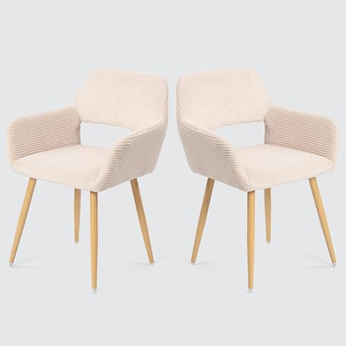 MEUBLE COSY Lot de 2 Chaises de Salle à Manger Scandinave Fauteuil Assise Rembourrée en Velours Côtelé Pieds en Métal pour Cuisine Salon Chambre Bureau, Beige Clair