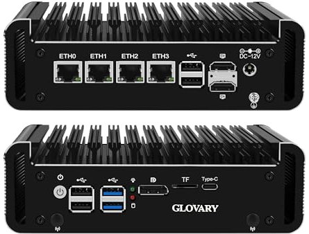 Glovary Mini Firewall PC N150 4 Core (Upgraded N100), 4 x i226V 2.5GbE LAN OPNsense Hardware, DDR5 16GB RAM 512GB SSD, Fanless Micro Appliance, AES-NI, HD, DP, 8USB, SATA3.0, Support 1 to 4 NVMe