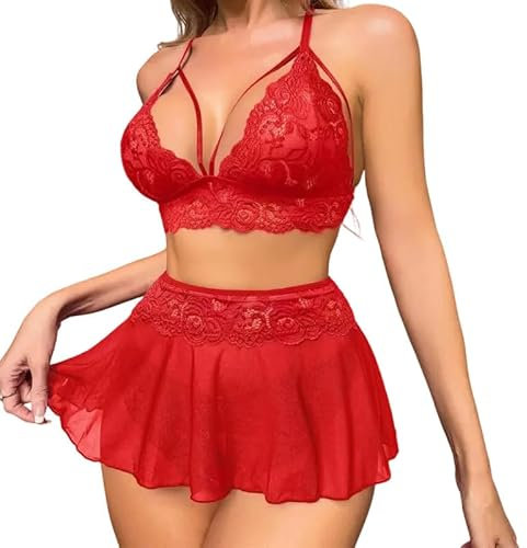 Satohom Set Completo Intimo Donna Sexy Lingerie 3 Pezzi Pizzo Biancheria Intima Scollo a V Profondo Reggiseno e Perizoma Minigonna in Rete Trasparente Babydoll Notte Floreale Teddy Lingerie