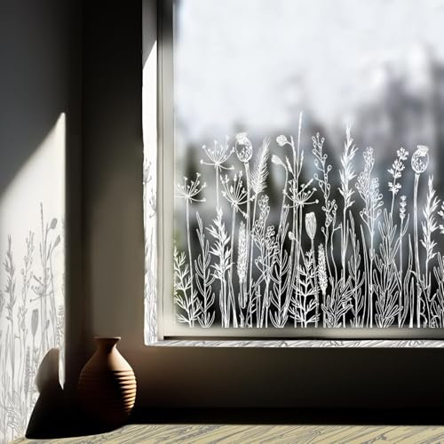 Funlife Fensterfolie Blickdicht, Blumen Glasfolie Selbstklebend, Weiß Pflanze Statische Fensterfolie Fenster Deko für Wohnzimmer Schlafzimmer Küche Bad, Transparente Blumen