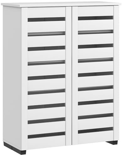 HOMCOM Mobile Scarpiera a 5 Livelli con 4 Scaffali Regolabili e Ante a Doghe, Scarpiera Moderna Salvaspazio in Legno, 76x33x98 cm, Bianco