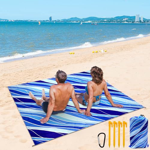 XiLayNeen Tapis de Plage Anti Sable 210 x 200 cm,Ultra Légère Couverture de Plage Anti-Sable avec 4 Piquets,Grande Serviette de Plages XXL Impermeable pour Picnic,Camping,Voyage,Parc