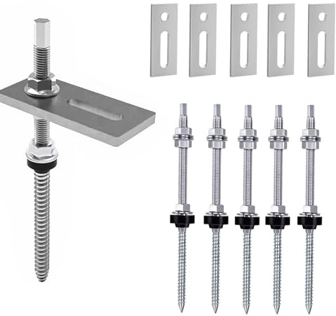 6 Stück M10 x 250mm Stockschrauben mit 6 Adapterblech, Edelstahl Material Stockschrauben mit Dichtung, Höhenverstellbar Dübel für Solarpanel, Gebäudedächer, Photovoltaik, Solarbefestigung, PV Anlage