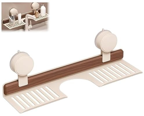 Mensola a ventosa in noce per bagno, mensola per lavandino a parete sopra il rubinetto, portaoggetti in legno per rubinetto senza foratura, arredamento vintage in legno per la casa (Bianco, 15.7in)