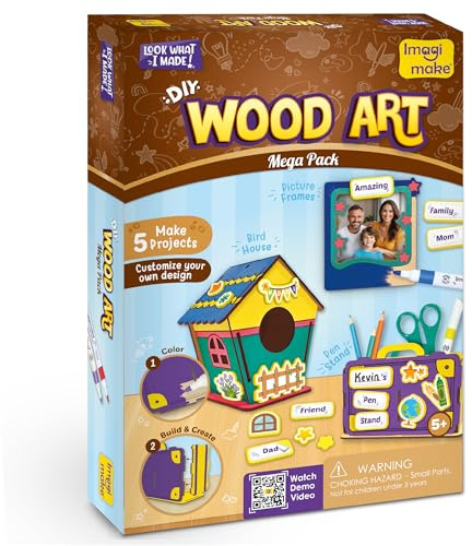 Imagimake DIY Wood Art Mega Pack, 5 Wooden Projects for Kids Ages 5+ | Build Wooden Bird House, 3 Photo Frames & Pen Stand, Screen-Free Creative Activity, Gift for 5,6,7,8,9 Years Boys & Girls