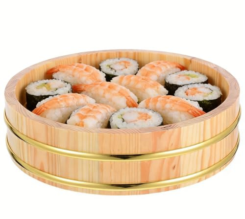 ULTECHNOVO Cuenco de Madera Hangiri para Sushi 24cm, Recipiente de Arroz Japonesa con Aros Dorados para Sashimi y Mariscos, Bandeja Redonda para Presentación de Comida y Tapas, 1 Pieza