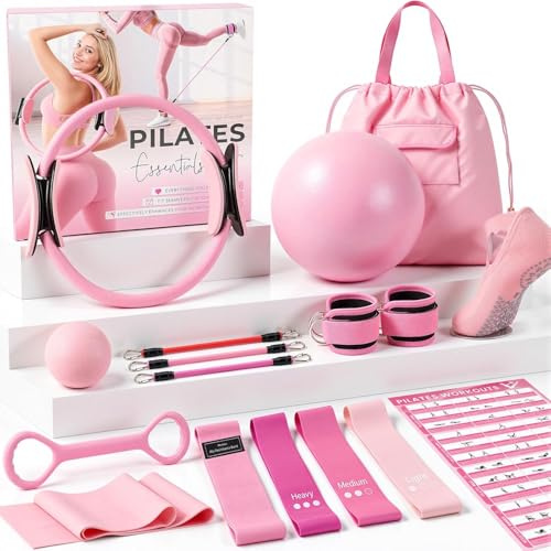 Pilates Kit, Pilates Equipment for Home Workouts, Home Pilates Essentials Kit for Women with Pilates Ring and Ball Set, Socks, Ankle Resistance Bands with Cuffs, Resistance Band and Massage Ball