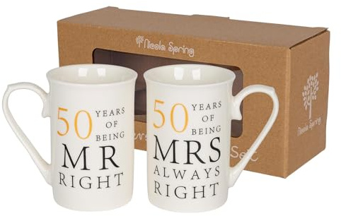 Nicola Spring 50th Anniversary Coffee Mug Set - 300ml Set of 2 New Bone China Coffee Teacup Drinking Mugs for Wedding, Milestone Celebration, His & Hers, Mr Right Mrs Always Right Couples Gift Box