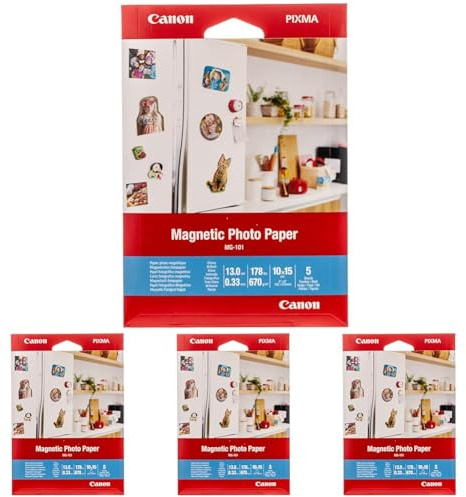 Canon Fotopapier MG-101 Magnetisches Papier - 10x15 cm 5 Blatt für Tintenstrahldrucker Glänzend für PIXMA Drucker 3634C002 Weiß (Packung mit 4)