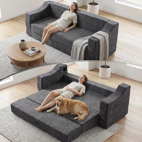 Awoyep Schlafsofa Modulares Sofa 2-Sitzer: Klappbar Schlafcouch mit Schlaffunktion 202 * 82 * 74cm Modern Boneless Couch für Wohnzimmer Schlafzimmer Schaum Zwei in Einem Bodensofa (Grau)