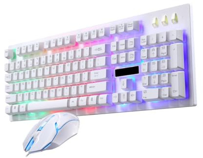 Ensemble Clavier et Souris de Jeu Filaire USB 104 Touches Blanc | Design Lumineux, 1 Set Clavier 104 Touches et Souris 4 Touches, Plastique Résistant