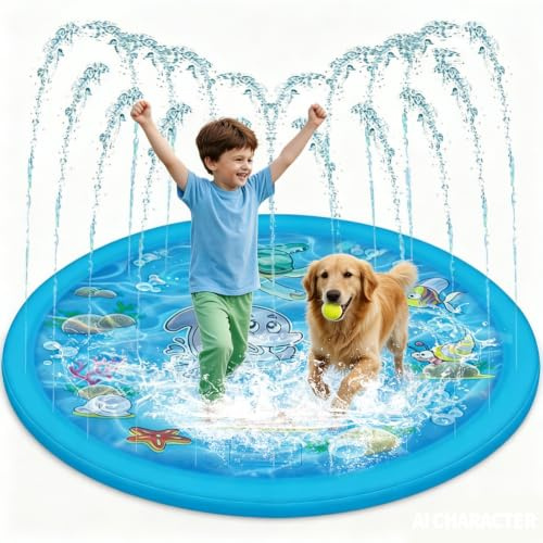 Splash Pad for Kids, Dog Pool Foldable Dog Paddling Pool Round Sprinkler Pad Water Play Mat for Summer Kids Pet Pool Water Toys for Kids Outdoor Play (150cm)