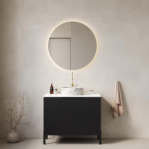 SUKY Tocador de baño independiente de 76 cm con lavabo de cerámica redondo blanco con patrón de piedra, encimera de piedra blanca sinterizada Carrara, armario a rayas con puertas dobles, color negro y