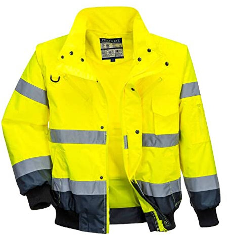 Portwest C465 Hi-Vis 3-in-1 Waterproof Contrast Hooded Bomber Jacket with Pockets - Reflective Outdoor Safety Security Workwear Coat, Yellow/Navy, 3XL