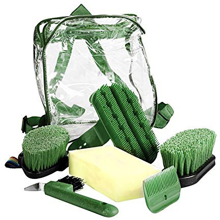 HORZE Backpack Easy-Carry Horse Grooming Set with Six Soft Grip Grooming Tools - Dark Green - One Size