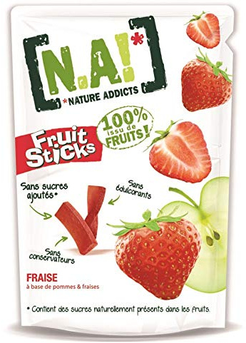 N.A! Nature Addicts – Palitos de fruta de fresa 40 g – 100 % de frutas – sin azúcar añadido, sin edulcorantes ni conservantes, bolsa resellable para llevar, 5 unidades