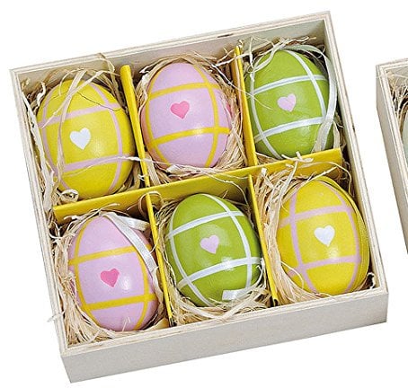 foolonli Natur-Osterei-Set zum Hängen 6 Stück in Holzverpackung Herz und kariert Ostern Deko
