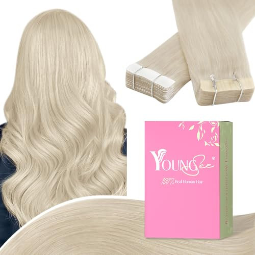 YoungSee Echthaar Extensions Tape Platinblond 45cm Invisible Tape in Extensions Echthaar Blond Extensions Tape Echthaar Blond Tape in Hair Extensions Tape Echthaar Extensions Glatt 50g #60A