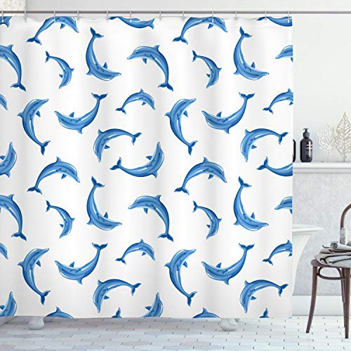 ABAKUHAUS Meerestiere Duschvorhang, Wildtiere unter dem Meer, Stoffliches Gewebe Badezimmerdekorationsset mit Haken, 175 x 180 cm, Weiß Blau