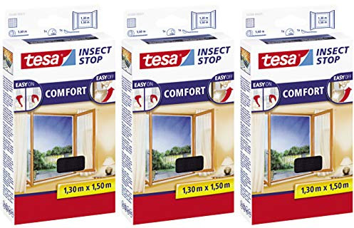 tesa Fliegengitter Comfort Klettband für Fenster, anthrazit, 1,3m:1,5m (Anthrazit (Durchsichtig), 3er Pack 1,3m:1,5m)