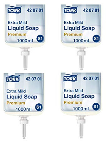 Tork 420701 extra milde Flüssigseife Premium für Tork S1 Seifenspendersysteme/Extra milde Handseife in Weiß mit sanften Inhaltsstoffen für empfindliche Haut / 1 x 1000ml (4)
