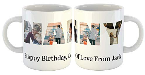 Personalised Photo Collage Coffee Tea Mug Cup with Five Pictures Inside Letters with a Special Message. 5 Pictures Inside Nanny for Birthday's, Special Occasions etc