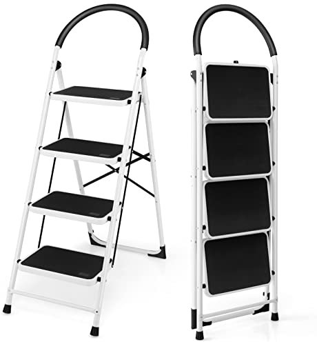 DREAMADE Trittleiter klappbar, Eisen Klapptritt mit gepolstertem Handgeriff und rutschfesten PE Treppen, Eisenleiter Stufenleiter fรผr Garage, Kรผche usw. belastbar bis 150 kg (4 Stufen)
