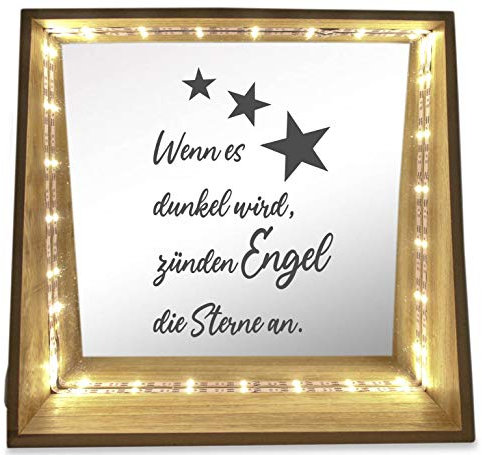 WB wohn trends Deko-Leuchte LED-Spiegel aus Holz mit Motiv, Wenn es dunkel Wird zünden Engel die Sterne an, 24x23x8cm, Deko-Spiegel Licht LED-Lampe mit Text Spruch