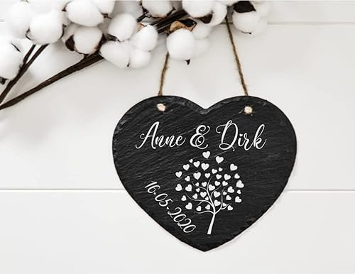 Herz Schiefer personalisiert mit Namen und Datum, dekorative Schieferplatte für Hochzeit mit Herz-Baum, Geschenk für Brautpaar | 15 x 15 cm mit Kordel