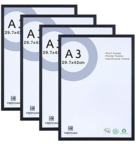 YEEPHAN A3 Fotorahmen Schwarz 4er Set - 29,7x42cm Massivholz Bilderrahmen mit Plexi-glass front für Urkunde/Bild/Poster/Gemälde, Wandhalterung für Wanddekoration