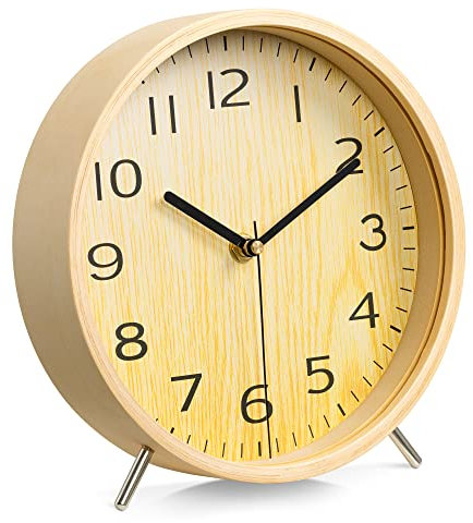 Navaris Analog Holz Tischuhr rund - 21,1 x 21,8 x 4,8cm - analoge Deko Tisch Uhr ohne Ticken mit Holz Ziffernblatt - leise Zeiger Holzuhr Hellbraun