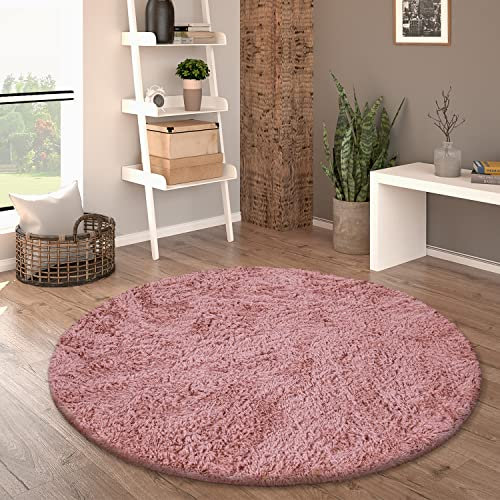 Paco Home Tappeto Salotto Pelo Lungo Rotondo Shaggy Moderno Pelo Lungo Finta Pelliccia Morbido Monocolore, Dimensione:Ø 160 cm tondo, Colore:Rosa Scuro