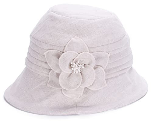Lawliet Damen 1920er Jahre Flappers 100% Leinen Cloche Bucket Sun Sommer Floral Hut A602, beige, Einheitsgröße