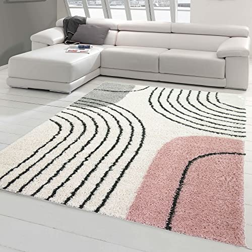 Teppich-Traum Schlafzimmer Designerteppich mit runden Formen | allergikerfreundlich | in Creme-rosa, Größe 140x200 cm