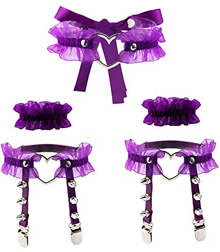 Eigso Purple Lace Armband Armreif für Frauen Choker PU Oberschenkel Beinring für Frauen Steampunk Gothic